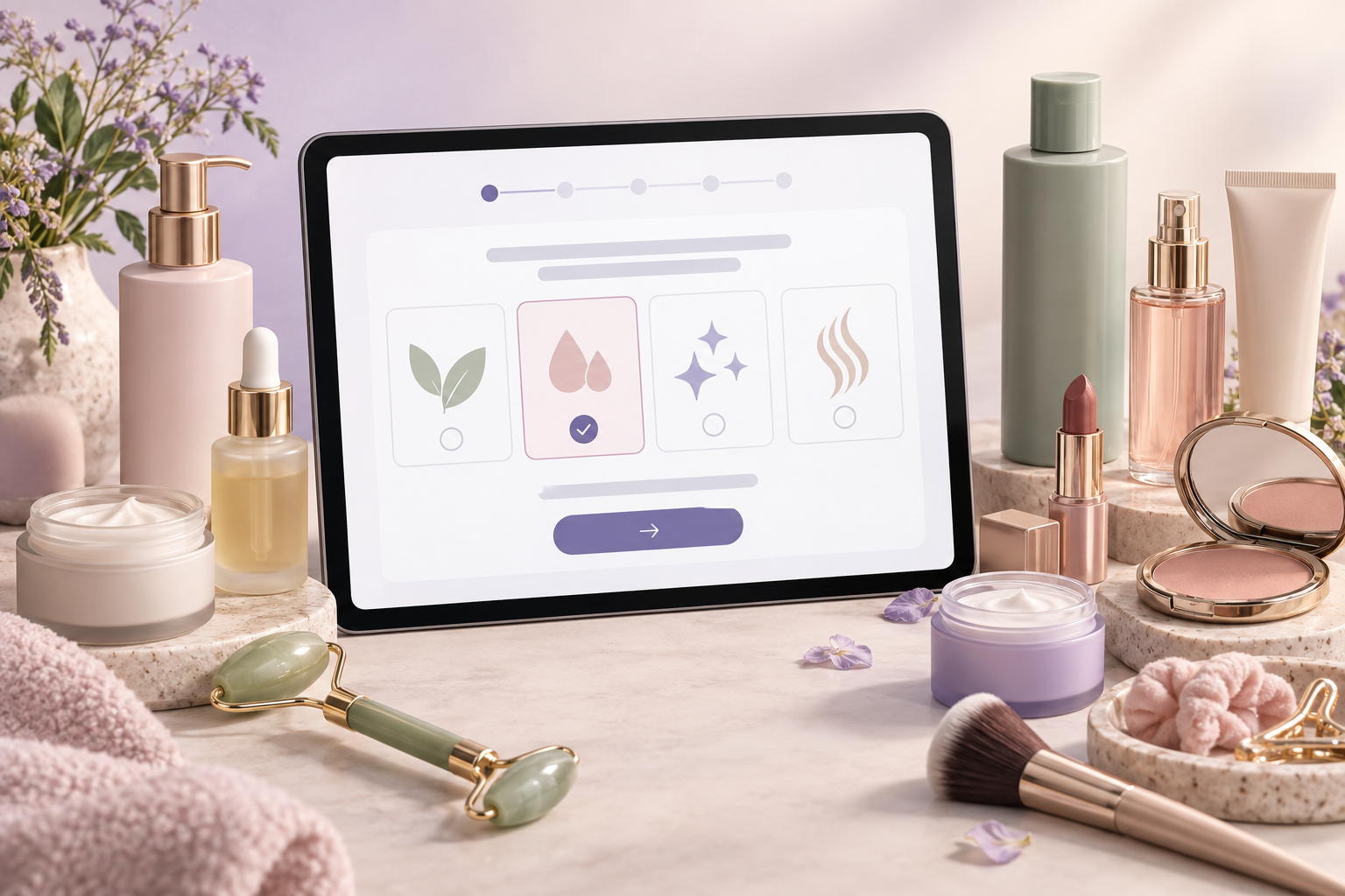 Beauty products arranged around a tablet displaying a personalized product recommendation quiz