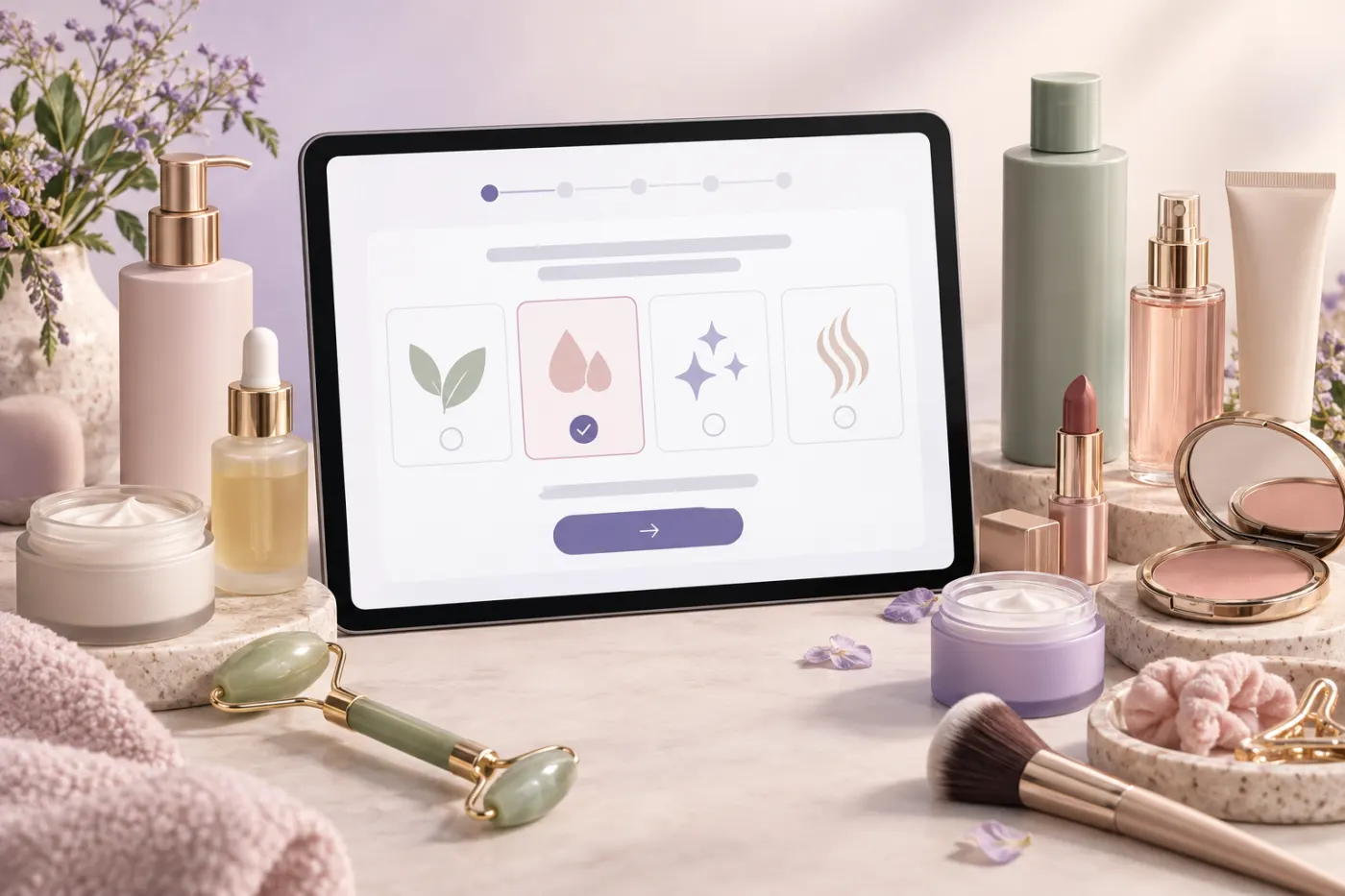 Beauty products arranged around a tablet displaying a personalized product recommendation quiz