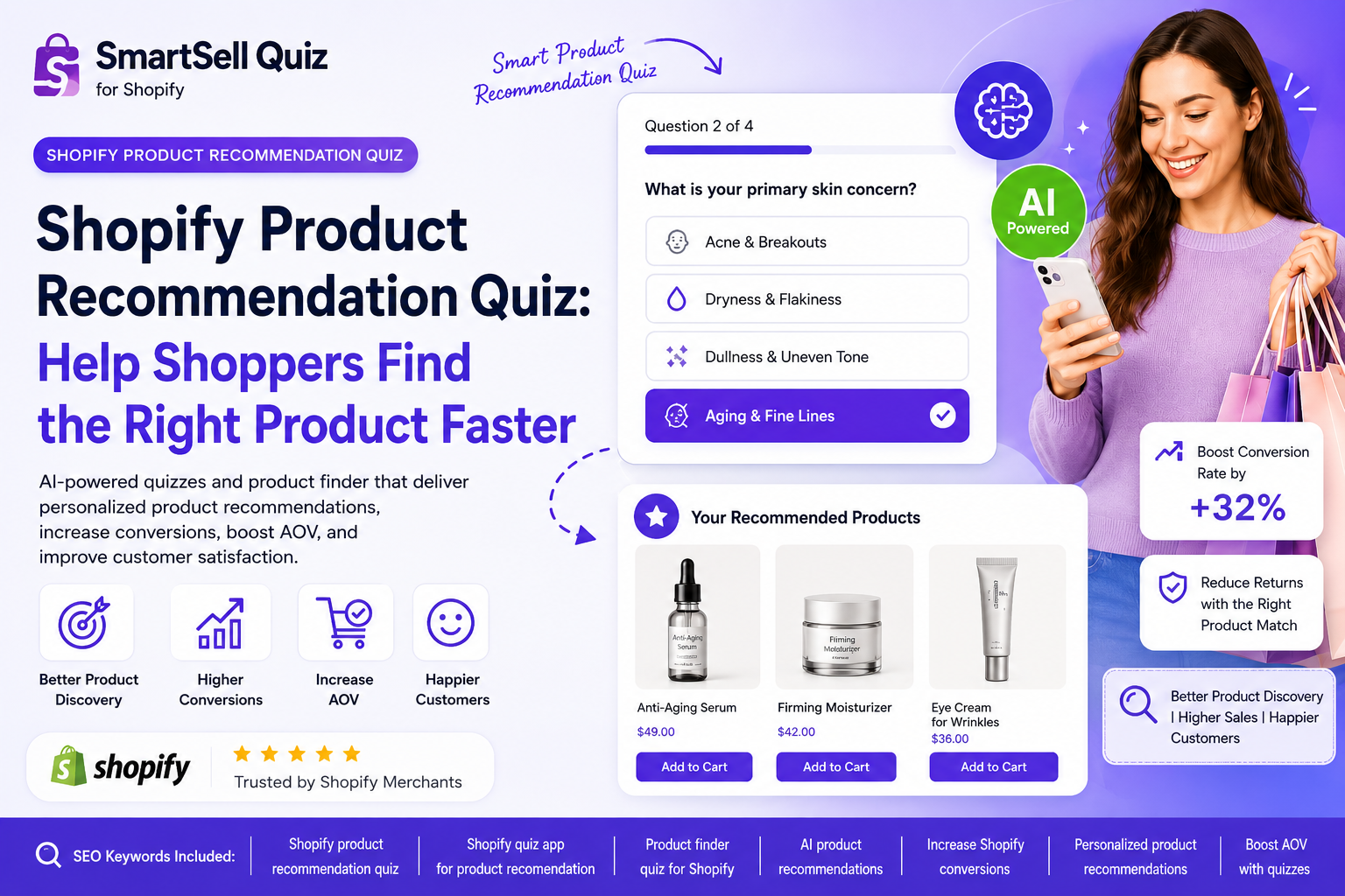 Shopify product recommendation quiz guide cover showing SmartSell Quiz recommendations