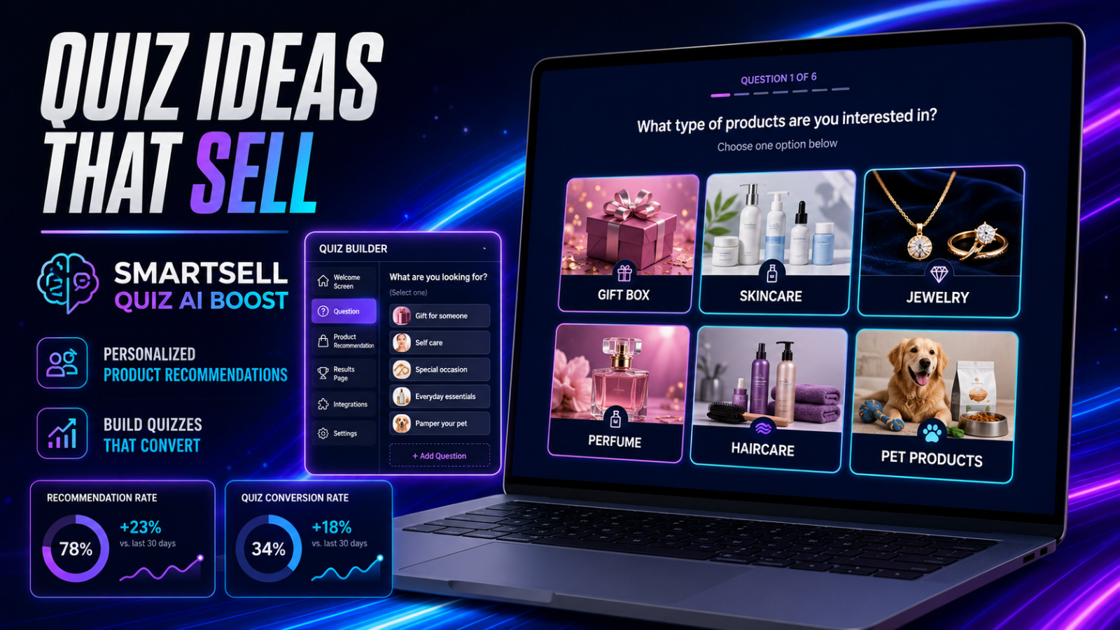 SmartSell Quiz AI Boost product quiz ideas with personalized Shopify recommendations for gifts skincare jewelry perfume haircare and pet products