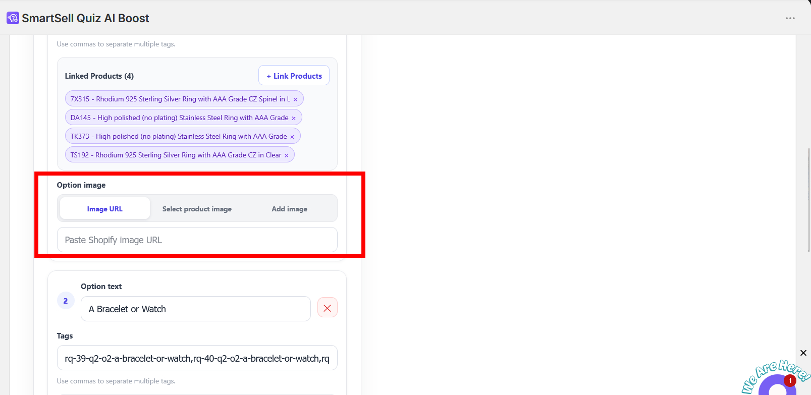 SmartSell Quiz option image settings for Shopify quiz answers