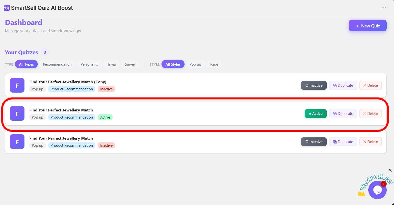 SmartSell Quiz Shopify dashboard for creating product recommendation quizzes