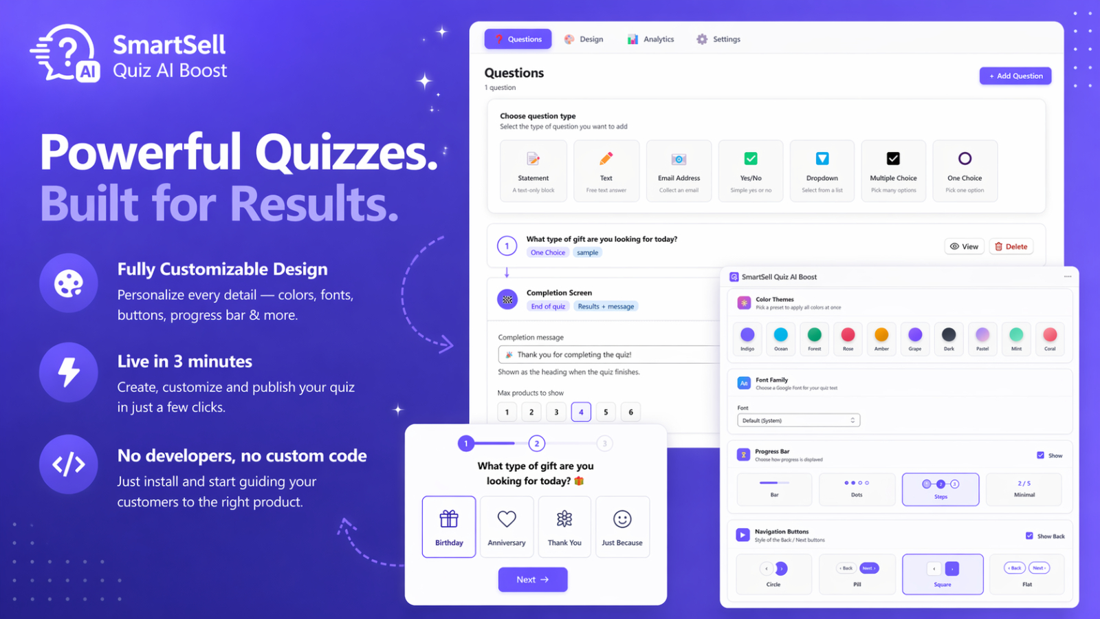 SmartSell Quiz builder interface for creating Shopify product quizzes