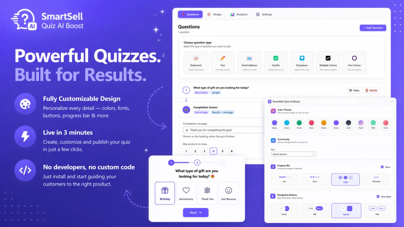 SmartSell AI quiz builder interface for Shopify product recommendations